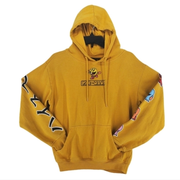 Vtg Pac Man Hoodie Sweatshirt Mens S Gold Japanese Characters Graphics Fleece - Picture 13 of 14